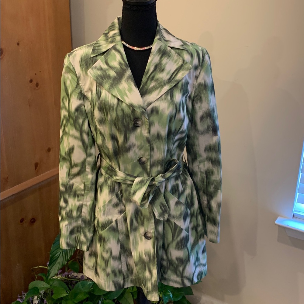 🌹VINTAGE Anne Klein • Green PATTERNED LIGHTWEIGHT Belted Trench Rain Coat •